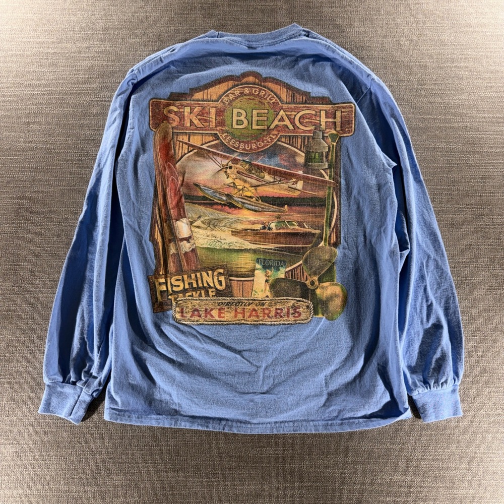 Ski Beach Bar & Grill Long Sleeve T-Shirt Mens Medium Blue Excellent Florida Tee